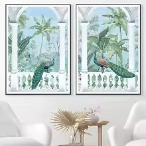 Peinture sur toile paon vintage déco salon grand format 40x60 cm