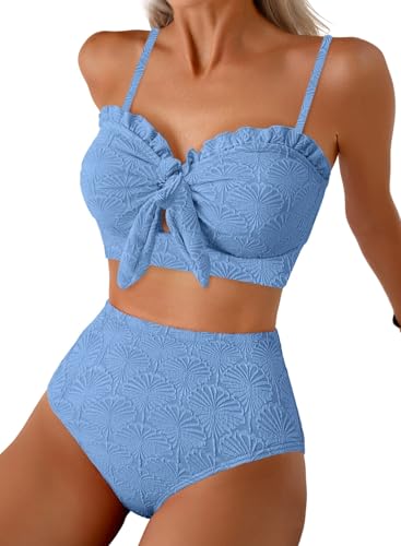 Herseas Womens Textured Bikini Sets Knotted Front Ruffle Trim Cutout Swimsuits Removable Pads Wire Free Tummy Control Bathing Suits Vintage Solid Blue Outfits X-Small