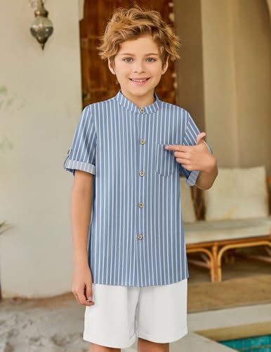 Image of Arshiner Boy's 2 Piece Beach Outfit Short Sleeve Textured Button Down Shirt and Short Sets Summer Vacation Wear 4-12 Years