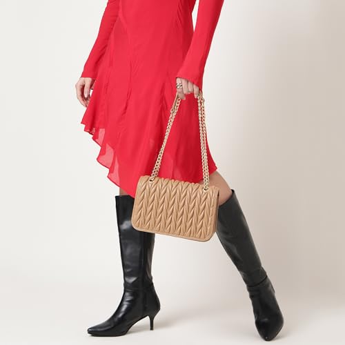 Image of Fastrack QuiltGrid Shoulder Bag | Faux-Leather Women's Handbag | Diamond Quilted Design | Adjustable Chain Strap | Zipper & Magnetic Closure | Gold-Finish Hardware
