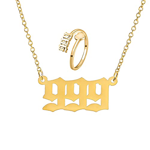 JczR.Y 999 Number Necklace Pendant Stainless Steel Lucky Number Necklace Choker 111 444 999 Number Open Rings Necklace Set for Women Numerology Jewelry Birthday Gift 2Pcs
