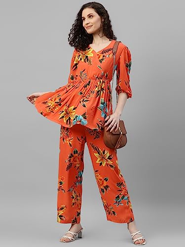Image of DEEBACO Women's Floral Rayon Flared Tunic & Straight Pants Co-Ord Set for Women V-Neck & 3 /4 Puff Sleeve Ladies Party Casual Wear Fashionable for Girls Relaxed Fit Cord Set (Orange)