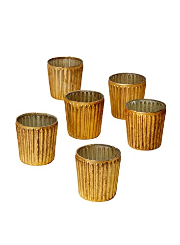 Serene Spaces Living Set of 6 Ribbed Amber Glass Votive Holder, Decorative Vintage Mercury Glass Holder for Wedding, Parties, Holidays, Home Decor & Tabletop Decor, 2.75