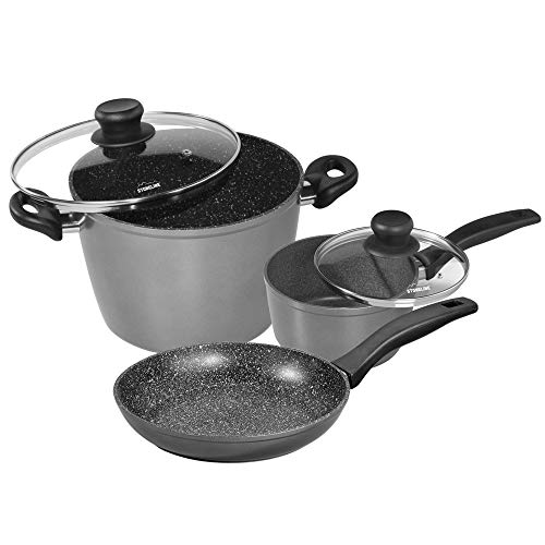 Warimex Stoneline 14326 - Batería de Cocina (Aluminio, 5 Piezas, sartenes y Cacerola de 18 cm y 24 cm, con Tapa de Cristal y Revestimiento Antiadherente, apropiada para inducción), Color Gris