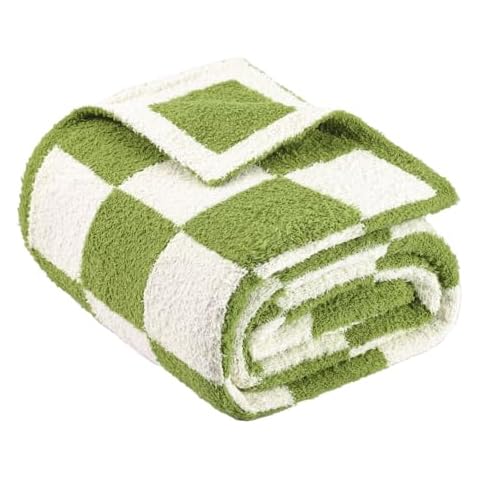 Vessia Knitted Throw Blanket for Adults, Soft and Warm Fluffy Green and White Checkered Blanket for Couch, Sofa, Bed, Reversible Cozy and Fuzzy Knitted Blanket for All Season(50x60inch) Cover