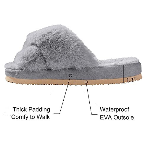Women's Soft Plush Lightweight House Slippers Fuzzy Cross Band Slip On Open Toe Cozy Indoor Outdoor Slippers Grey Size 7-8 #TOP4