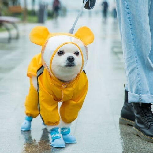 Dog Raincoats Rain Snow Coats Waterproof Clothing (4 Four Legs) Raincoat Full Cover Dogs Hooded Transparent (Yellow Colour with Decorative Hooded Ears) (14) 2