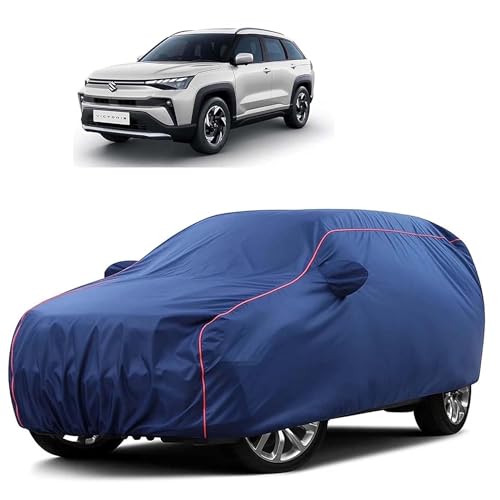 Image of Sulfar 100% Water Resistant Car Body Cover Compatible with Mirror for Maruti Suzuki Victoris (Triple Stitched, Full Bottom Elastic, Blue Tafetta with Red Piping)