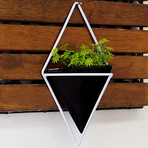 Vaso Vasinho Decorativo de Cerâmica Cachepot Triangular com Suporte de Ferro Parede Planta Suculenta