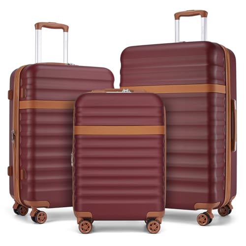 Kono Luggage Set 3 Pieces Expandable PC ABS Durable Suitcase Hardside with Double Spinner Wheels Tsa Lock Burgundy(20in/24in/28in)