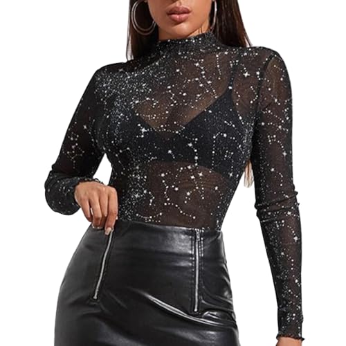 Glitzer Oberteile Damen, Glitzer Mesh Oberteile Damen, Transparentes...