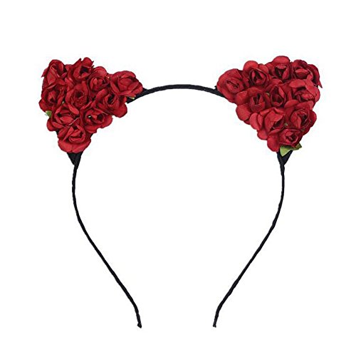 1 Piece Rose Flower Cat Ears Headband Headwear Hair Hoop Hair Accessories (Red)