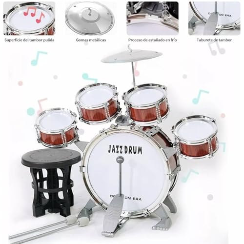 Image of FINYQBET Drum Set for Children Ages 3-7, Percussion Kit with 5 Drums, Cymbal, Drumsticks and Stool Educational Musical Toy, Ideal for Motor Development, Perfect Gift (Yellow-Brown)