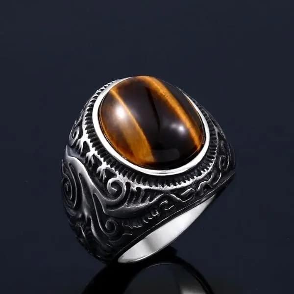 Image of THE MEN THING Vintage Tiger Eye Stone Rings for Men | Luxury Solid Pure Titanium Stainless Steel Ring Jewellery (Tiger Eye Stone - Stainless Steel, 17-21- 24)