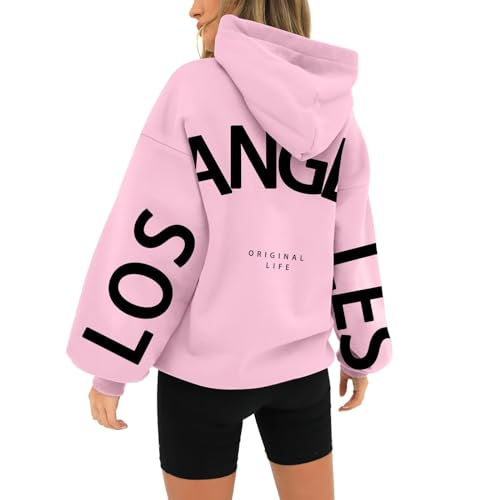 Image of HUIFUAO Los Angeles Hoodie for women UK Oversized Sweatshirt for Women Long Sleeve Plus Size Womens Hoodies Pullover With Pocket (Z02-Pink, L)