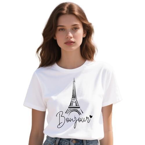 T-shirt voyage Paris femme motif Tour Eiffel Bonjour vêtement mode été en coton confortable