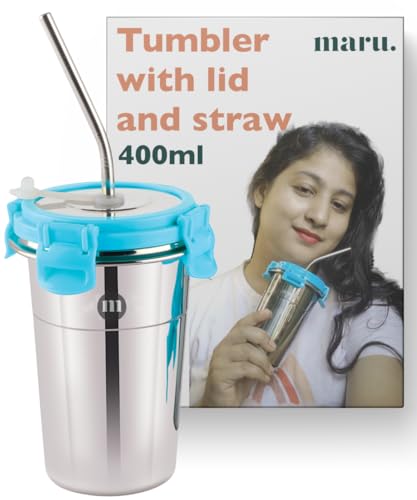 Image of MARU Stainless Steel Tumbler 400ml with Lid, Reusable Straw & Cleaning Brush - Durable, Leakproof & Portable Drinking Cup - Ideal for Travel, Office & Home (Blue Set of 1)