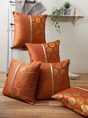 Image of ROMEE Unique Floral Polyester Orange & Gold Cushion /Pillow Covers for Sofa Pack of 5 (16 X16 Inches)