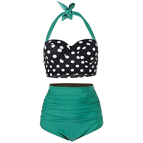 ChayChax Women Vintage Swimsuits High Waisted Retro Polka Dot Bikini Set Bathing Suits Two Piece, Black Dot+Green, Size XL Cover