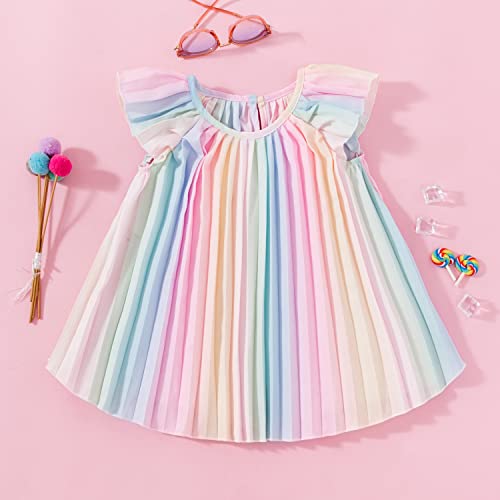 Milki Rabbit Toddler Baby Girls Pleated Dress Flutter Sleeves Pastel Rainbow Colorful Sundress Outfits (9M, Multicolor) #TOP2