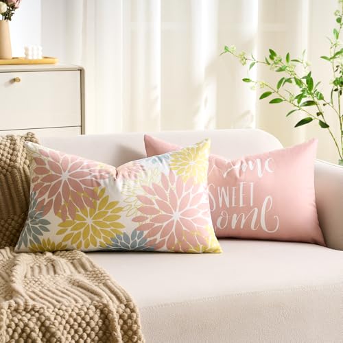 Housses de Coussin Rose 30X50 cm Velours Dahlia Coussin Canape Motif Recto Verso Peluche Douce Housse de Coussin Lot de 2 D'Oreiller en de Ferme Décorations...