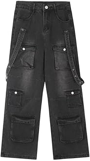 Lafaguw Women's Cargo Pants Low Waist Baggy Jeans Pocket Wide Leg Casual Trendy Streetwear Grunge Emo Clothes