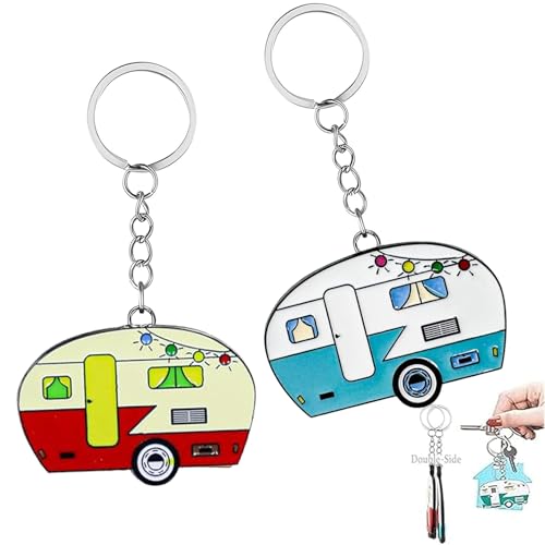TrustBlai Double-Sided RV Camper Keychain 2 Pack Retro Travel Trailer Metal Key Ring for Women Men Durable Camping Gear Accessories for Backpack Purse Cute Couples Gift Set