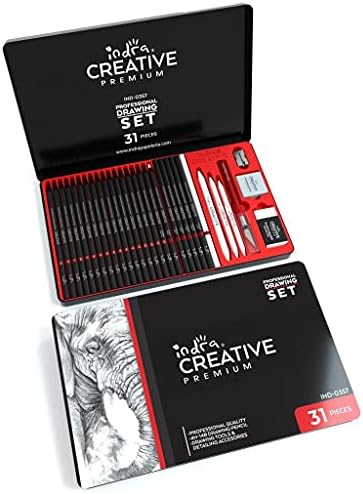 Indra Drawing Sketching Pencils Set, 31 Professional Sketching & Drawing Pencils Art Tool Kit with Graphite Pencils, Charcoal Pencils, Paper Erasable Pen, Eraser, Craft Pencil Knife