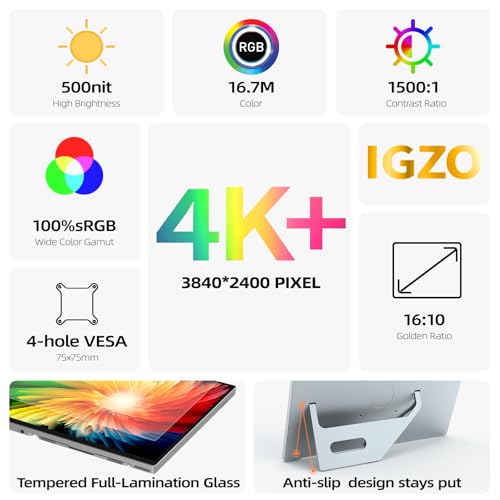 Image of Intehill 4K Portable Monitor for Laptop | 13.4 inch IGZO Display 500 nits | Full-Laminated Tempered Glass, 100% sRGB Portable Laptop Screen w /Kickstand & Speakers, USB-C & HDMI Travel Monitor, U13ZC