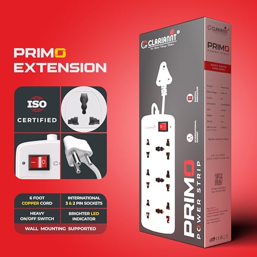 Image of Primo 6 Foot 6-Socket Extension Board - 10A 240V with Wall Hanging | Heavy Duty Copper Cord Power Strip, Multi Plug Extension Box & Spike Guard
