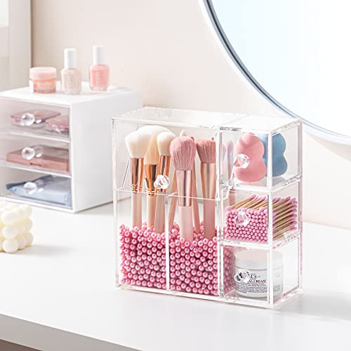Hblife Makeup Brush Holder, Acrylic Makeup Organizer With 2 Brush Holders And 3 Drawers Dustproof Box, Free Pink Pearl Included #TOP4
