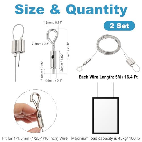 Image of PATIKIL 2 Pcs Adjustable Picture Hanging Wire Kit, 5m /16.4ft, Silver, Stainless Steel, 1.5mm Wire, 4.5kg-45kg Capacity