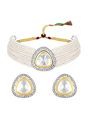 Image of ASMITTA Jewellery White Kundan Pearl Choker Necklace Set for Women with Earrings Bridal Jewellery Set for Wedding & Traditional