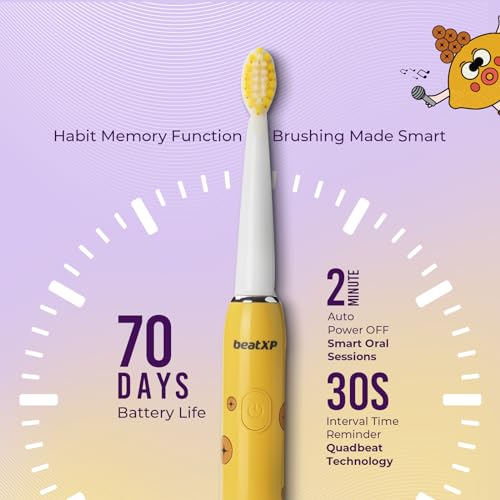 Image of beatXP Jiggle Sonic Electric Toothbrush For Kids With 2 Brush Heads & 3 Cleaning Modes|Rechargeable Electric Toothbrush|20500 Strokes /Min With Long Battery Life (Yolky Yellow), 1 count