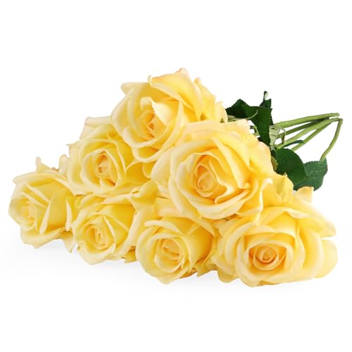 Eyamumo 7PCS Fake Flowers Artificial Rose Silk Real Touch Yellow 45CM