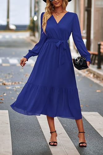 Image of PRETTYGARDEN Women's Floral Boho Dress Fall Long Sleeve Wrap V Neck Ruffle Flowy Maxi Spring Wedding Guest Vacation Dresses
