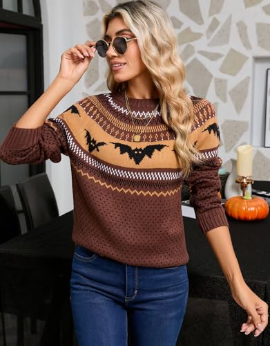 Image of Women's Fair Isle Sweater Crew Neck Long Sleeve Heart Sweater Vintage Tops