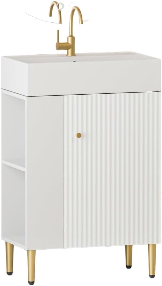 21.6" Open-Shelving Vanity with Ceramic Sink and Soft-Close Door, Cloakroom Storage Cabinet on Left Side, Assembly Required, White Finish.