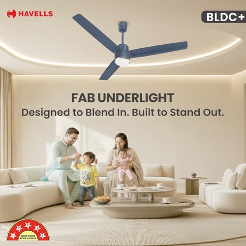 Image of Havells FAB BLDC Underlight 1200 mm Ceiling Fan| 5 Star| Upto 65% Saving| Air Delivery: 235 cmm|Low Wattage: 30W| Low Noise|4 Speed Mode| 380 RPM| 2 Years Manufacturer Warranty (Denim Blue)