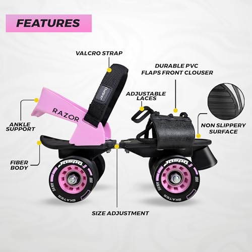 Image of JASPO Razor Adjustable Roller Skates | Unique Ankle Support | 61mm PU Wheels | Anti-Skid Surface | Lightweight | Quad Skates for Kids & Adults (Size 25-31 cm, Age 8+)