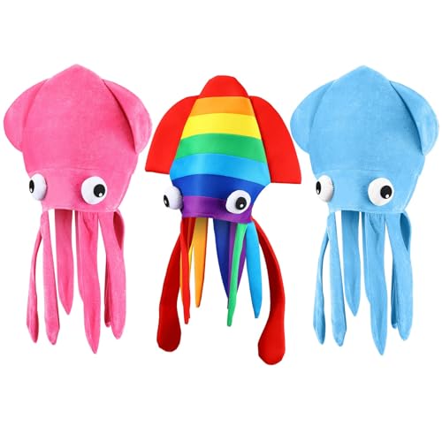 NALACAL Squid Hat 3 Pieces Crazy Octopus Costume Adult Animal Sea Hat Rainbow Costume Accessories for Birthdays, Parties (Rainbow, Pink, Blue)