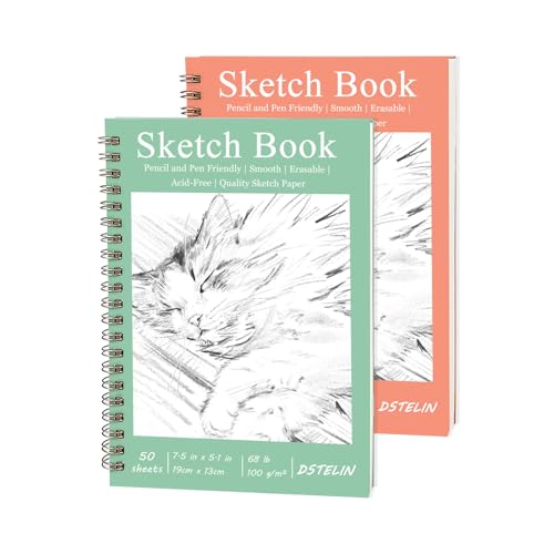 DSTELIN 2 Pack Hardcover Sketchbooks (100 GSM Sketch Paper), 7.5x5.1 Inch Spiral Sketch Book for Sketching, Drawing, Painting, 50 Sheets per Pack, Pink and Green