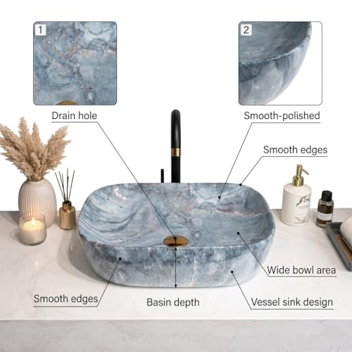 Image of Ceramic Tabletop Wash Basin - Glossy Rectangular Countertop Vessel Sink with Marble Finish for Bathroom & Vanity | Compact 18 x 13 x 5 Inch | Elegant Washbasin