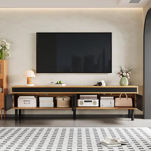 67" Modern TV Stand with 4 Push-to-Open Doors, Black and Natural Wood Finish, Raised Striped Design, Media Console with Storage and Cable Holes, Entertainment Cabinet for Living Room by Christopher Knight Home - Image 3