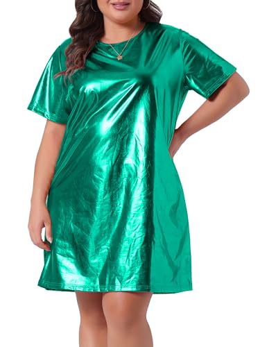 Image of Agnes Orinda Plus Size Dress for Women Metallic Round Neck Short Sleeve Party Clubwear Loose Mini T-Shirt Dress