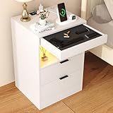Yusong Night Stand with Gun Drawer & Invisible Lock, Bedside Table, LED Nightstand with Charging Station, Modern Night Stand, Wood Sofa Couch End Side Table with 2 Pull-Out Shelf, White