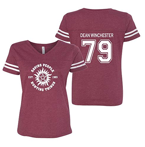 Dean Winchester Women's V-Neck Tee – Saving People Hunting Things Cosplay Shirt – Supernatural Inspired Gift (X-Large, Maroon)