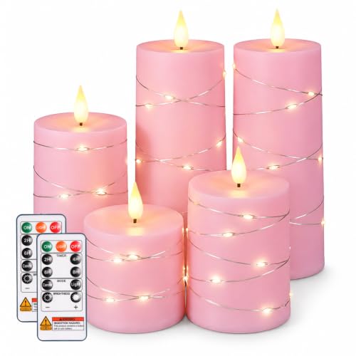 Homemory Pink Flameless Candles with String Lights, Set of 5 Battery Operated LED Pillar Candles, 11-Key Remote & Timer for Valentine's Day Decor