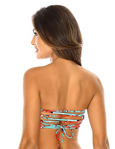 RELLECIGA Women's Blue Floral Bathing Suit Adjustable Back Lace-up Bandeau Bikini Top Size Medium