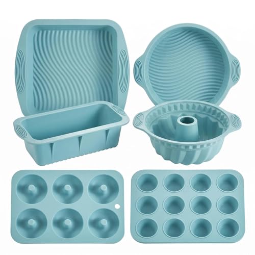Nonstick Silicone Bakeware Set, 6 set Baking Cake Pan, Economical BPA Free Heat Resistant Bakeware Tools for DIY Loaf Bread Cheesecake Pizza Cupcake Muffin (Blue)